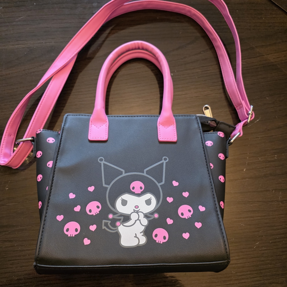 Loungefly Sanrio Kuromi black and pink faux leather satchel crossbody bag.